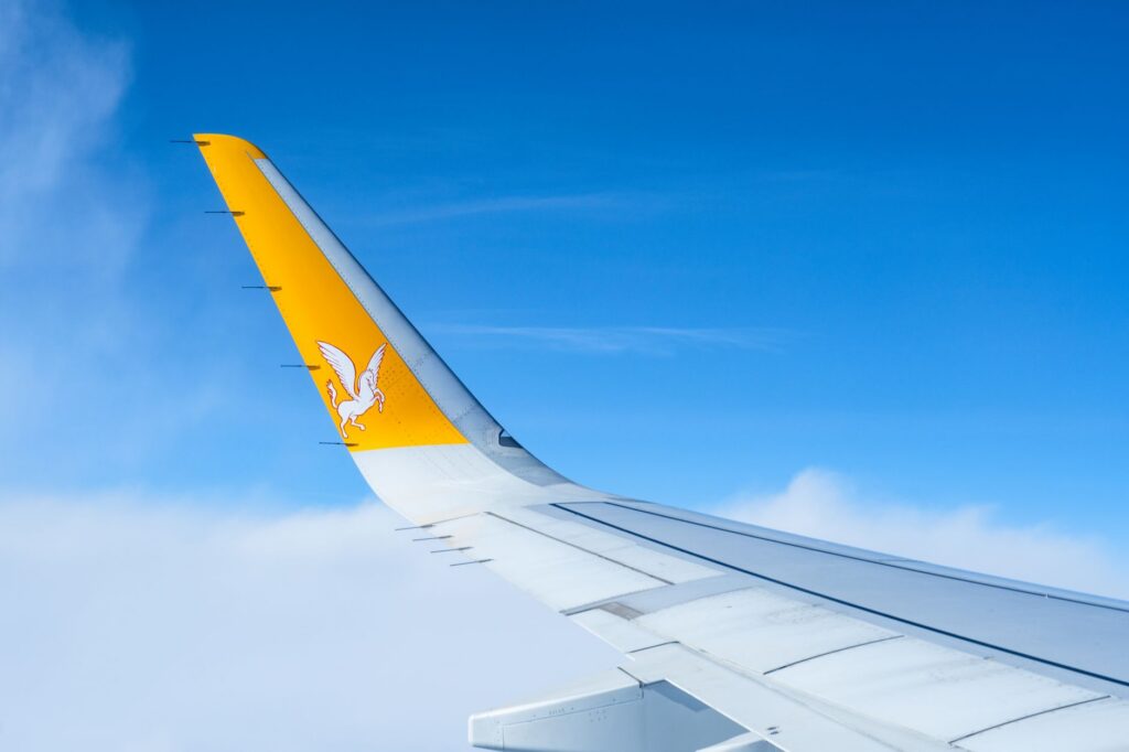 Airplane wing above the clouds on an international flight