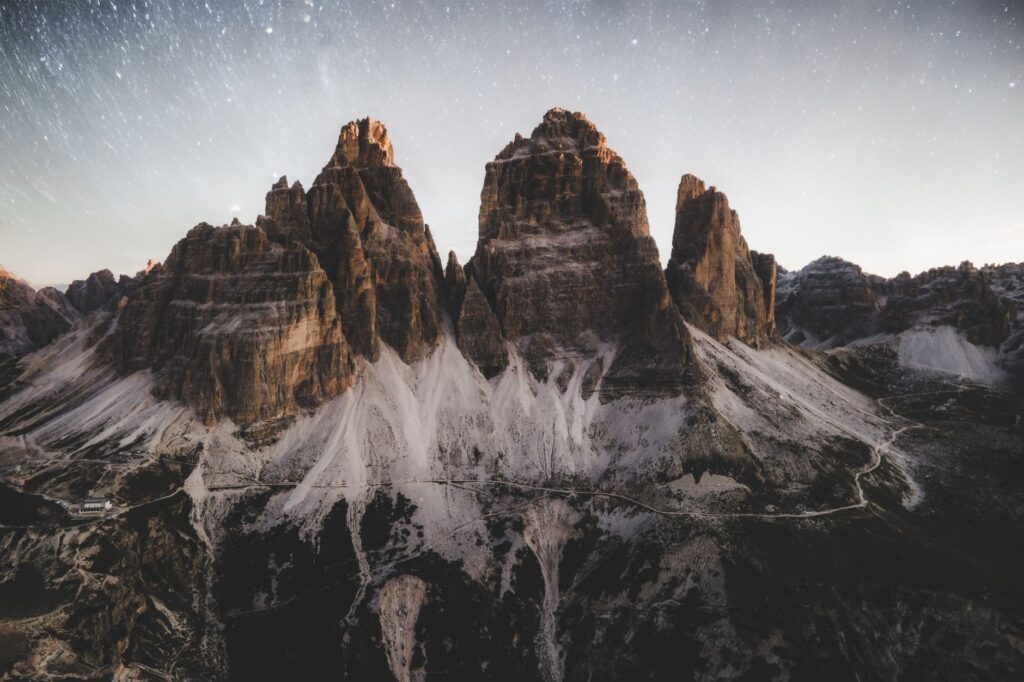 North faces of the Tre Cime di Lavaredo above Rifugio Auronzo, day four of a Dolomites itinerary