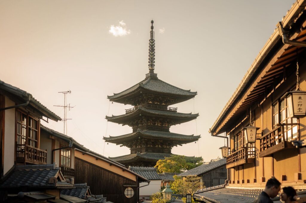 Yasaka Pagoda above the traditional streets of Higashiyama, Kyoto, at sunset