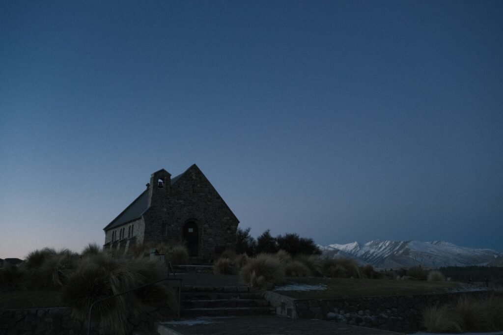 Church of the Good Shepherd at Lake Tekapo at dusk, a base between Christchurch and Aoraki/Mount Cook